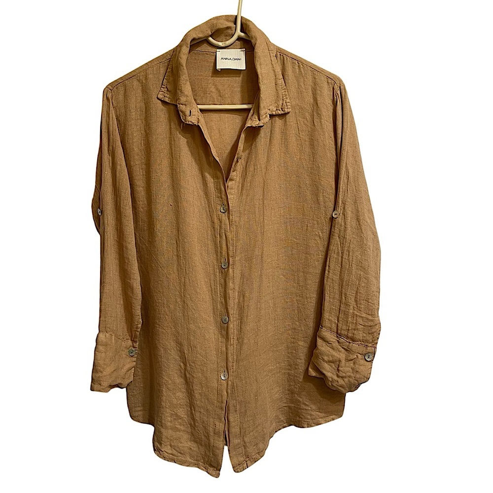 Anna Dani Tan Linen Button Up Casual Shirt Blouse Boho Size Small